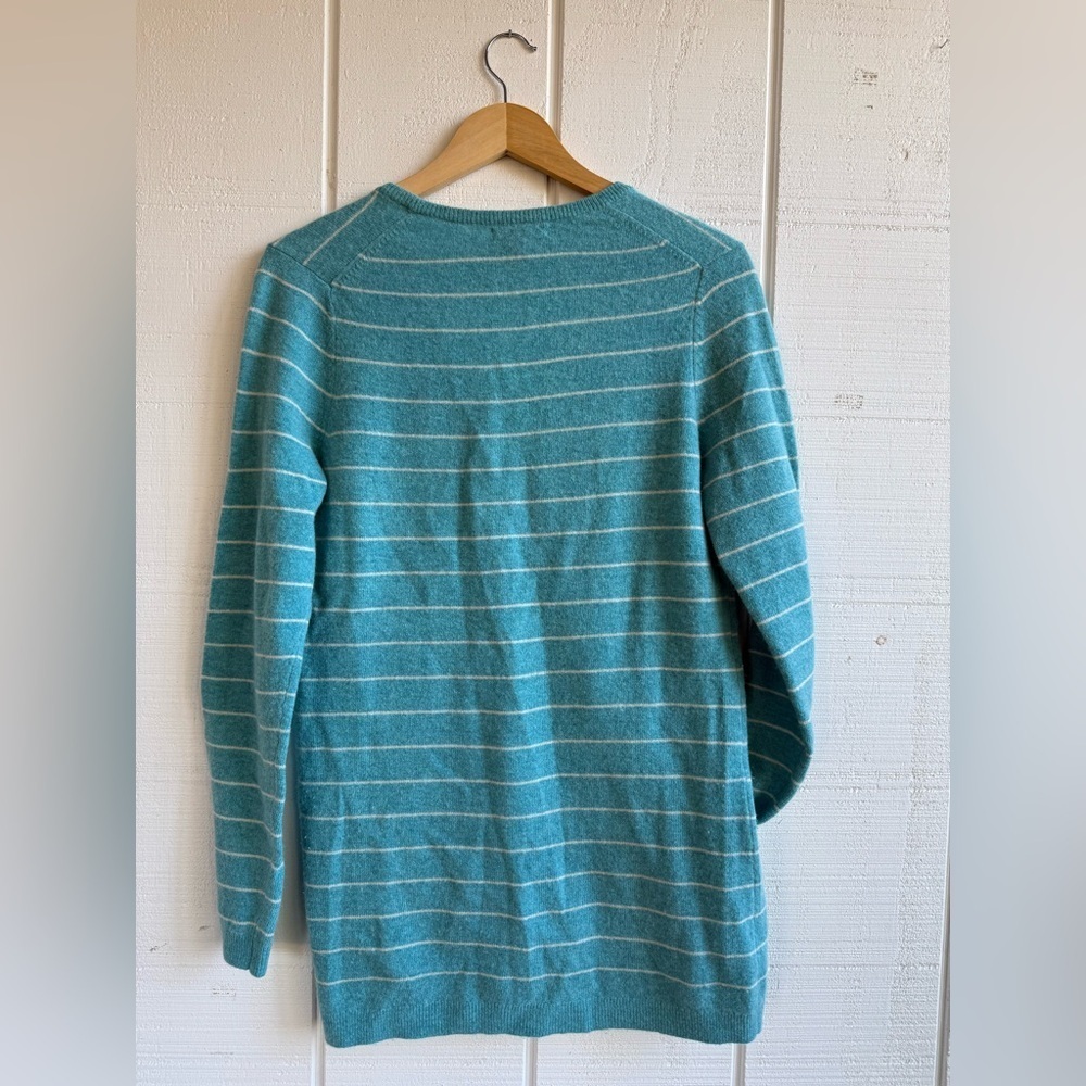 Lands' End Teal and White Wool Blend Striped V Neck Cardigan - Picture 3 of 6